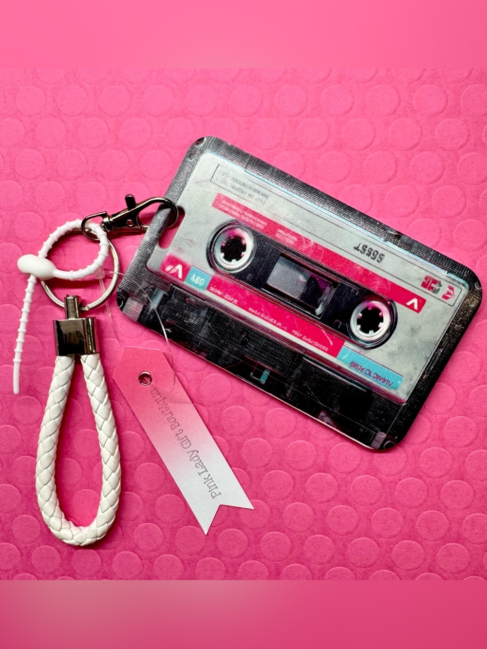 New Retro 80s 90s Style Cassette Tape ID Card Holder & Woven Keychain Handle